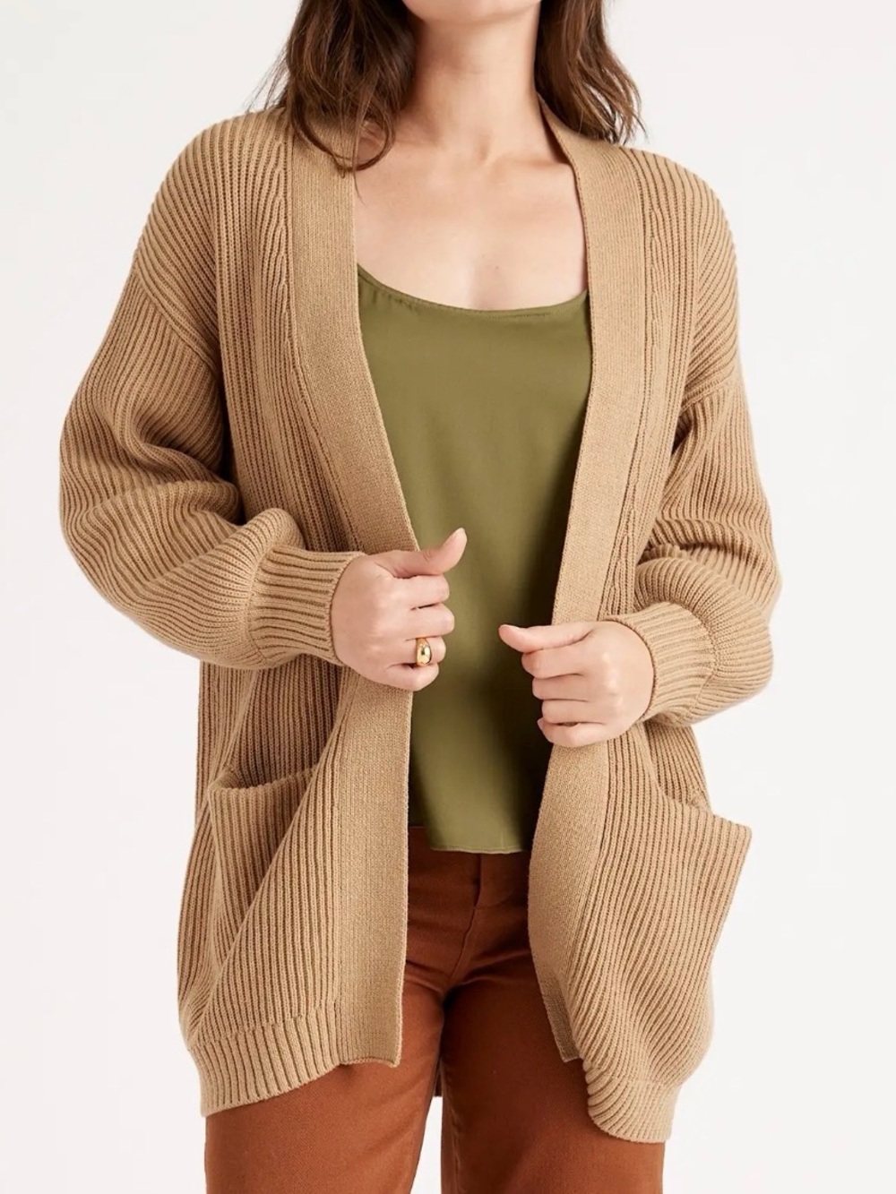 Quince Camel Ribbed Open-Front Cardigan